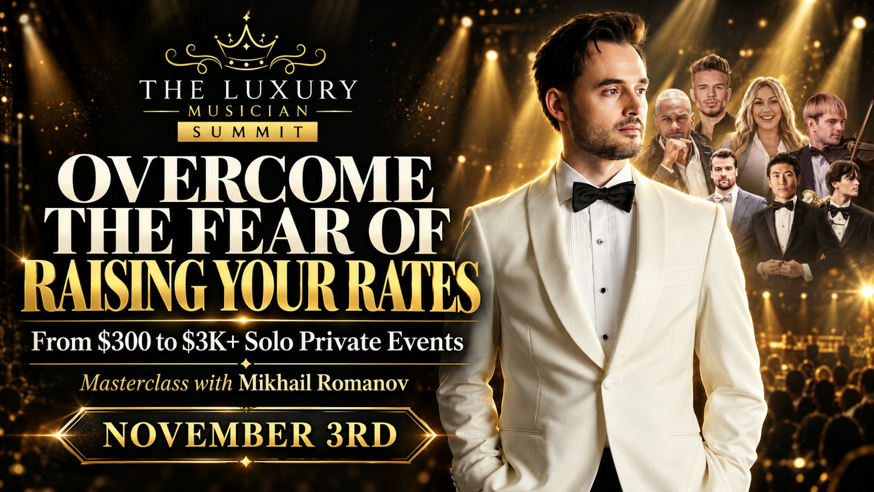 Mikhail Romanov in a white dinner jacket on a spotlit stage, with Luxury Musician mentors behind him
